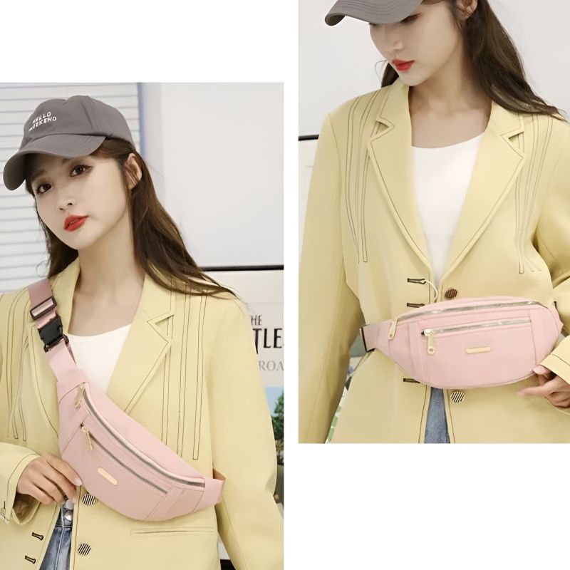 sac banane en coton rose porté en bandoulière et à la taille
